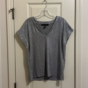 White House Black Market Metallic Silver V-Neck Top